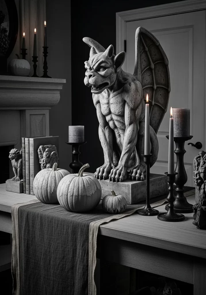 A gothic-inspired tablescape featuring a stone gargoyle statue as the centerpiece, surrounded by candles, decorative books, and white pumpkins. The scene is set in dark tones, with a neutral table runner and elegant candlesticks adding to the haunting atmosphere.