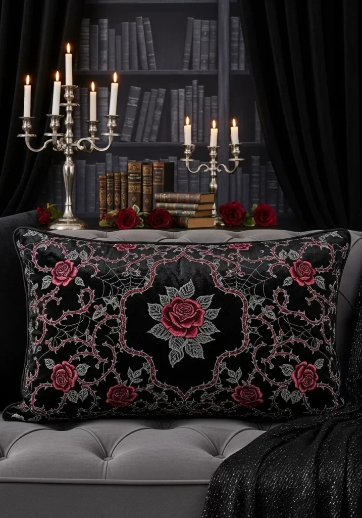 Gothic Rose & Cobweb Pillow