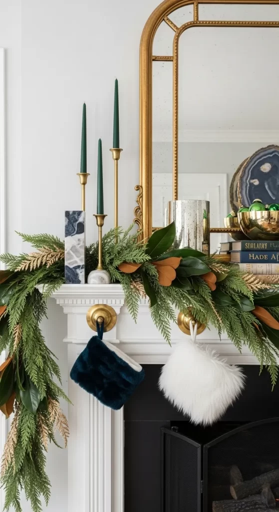 Luxe Green and Gold Fireplace Decor
