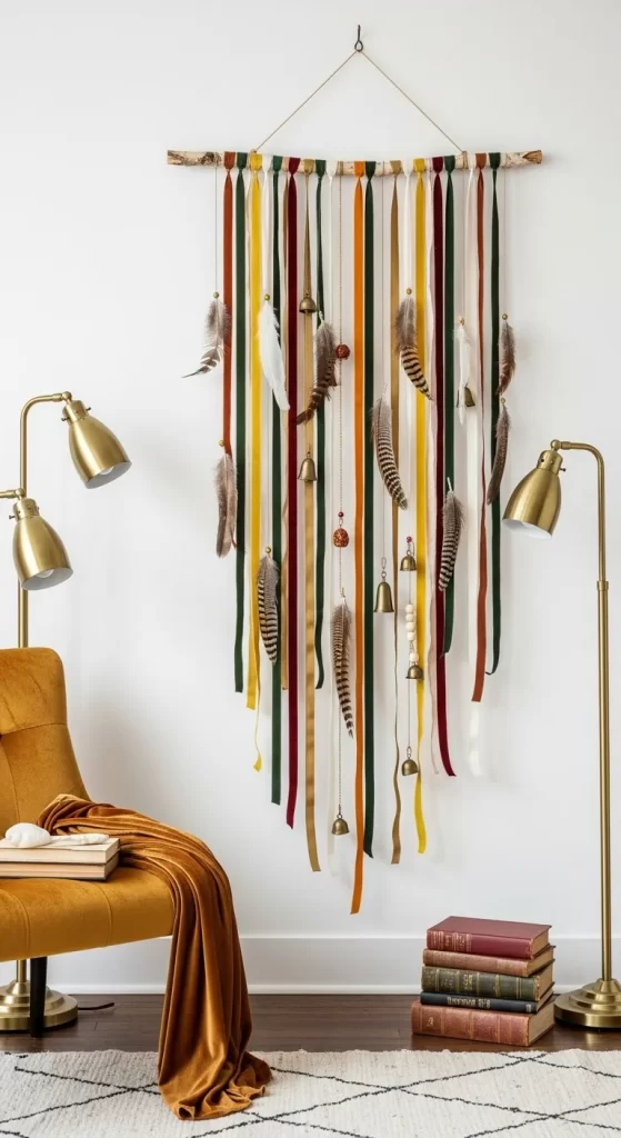 Bohemian Ribbon and Feather Hanging