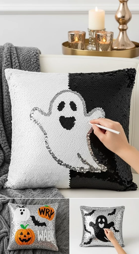 Interactive Sequin Ghost Pillow