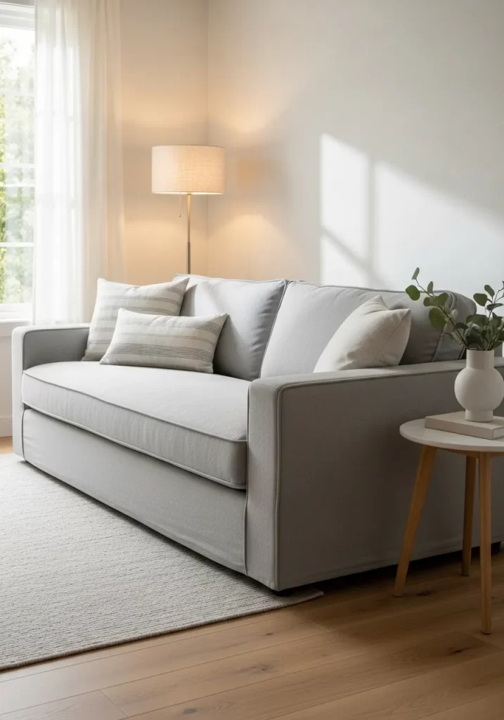 A light gray, boxy sofa with a slipcover and simple accent pillows, demonstrating a cozy, budget-friendly seating refresh.