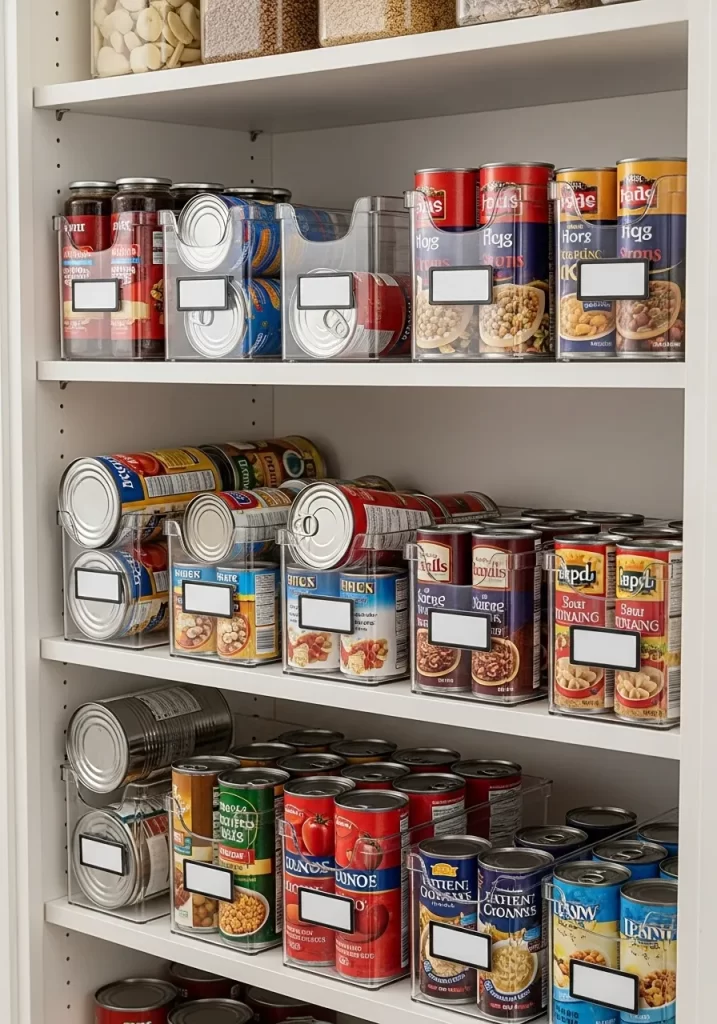 Three shelves of canned goods organized using clear, vertical, stackable can dispensers with white labels.