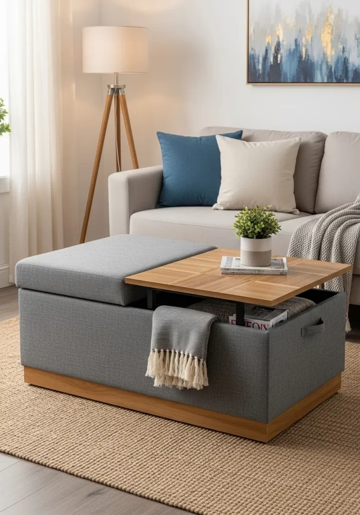 A rectangular gray storage ottoman and coffee table combination, with one side upholstered for seating and the other featuring a lift-up wooden surface.