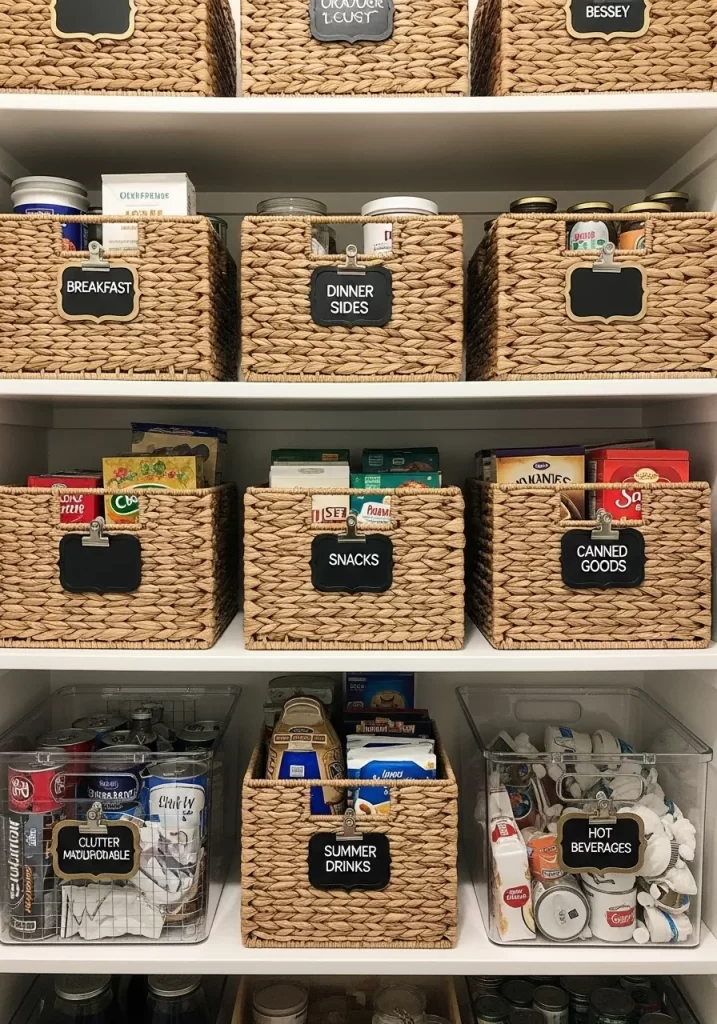 Pantry shelves lined with woven water hyacinth baskets and clear plastic bins, all labeled with clip on chalkboard tags.