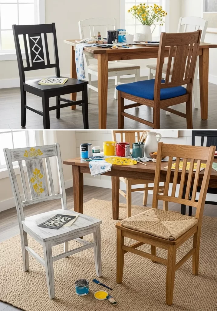 Four different wooden dining chairs, two of which have been refinished with paint and stencil designs (black, white distressed, natural wood), showing a cheap DIY update.