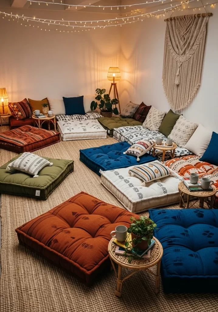 A floor covered with large, patterned, and brightly colored bohemian floor cushions in blues, reds, and greens, creating a cozy lounge setting.
