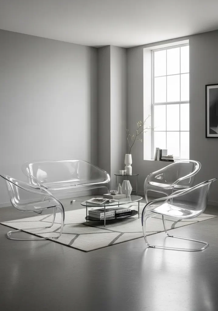 A minimalist room with light gray walls featuring a clear acrylic sofa and two matching clear acrylic chairs, creating a light, modern furniture look.