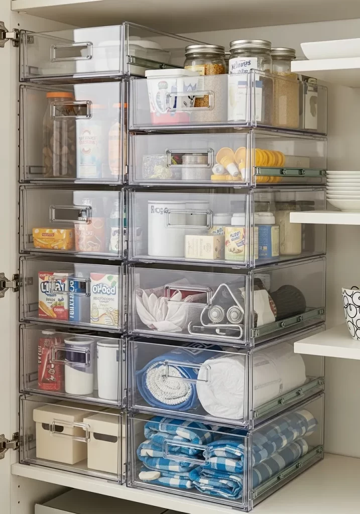 Tall stack of clear modular plastic drawers storing various items, including canned food, snacks, and kitchen linens.