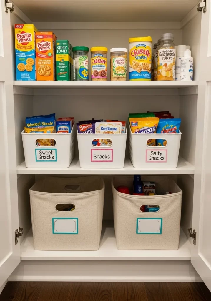 White kitchen cabinet with open top white plastic bins labeled 'Sweet Snacks' and 'Salty Snacks' containing packaged snacks.