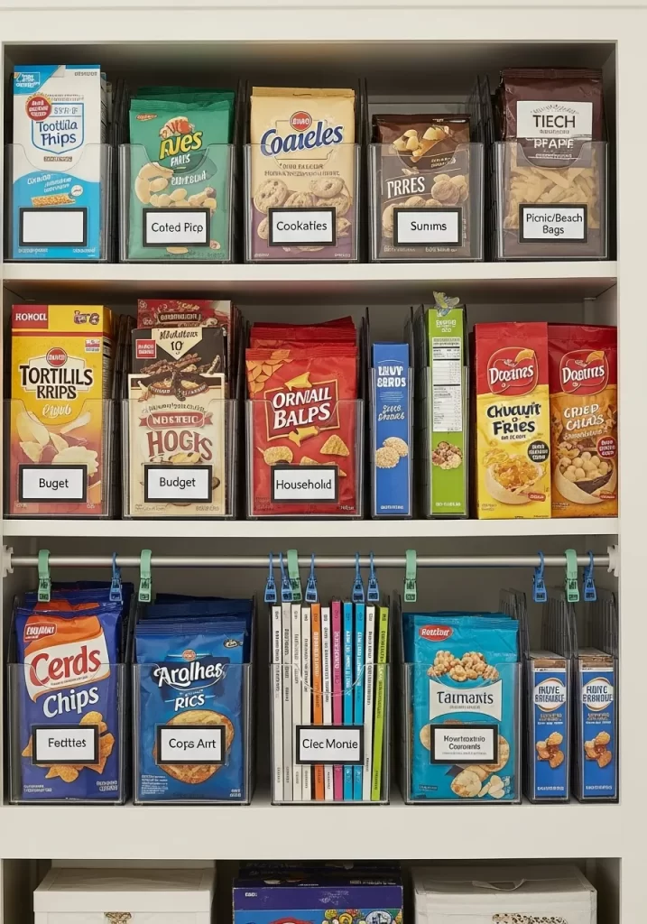 Pantry shelf with clear upright bins holding chips and bags, with clipped bags hanging from a tension rod above.