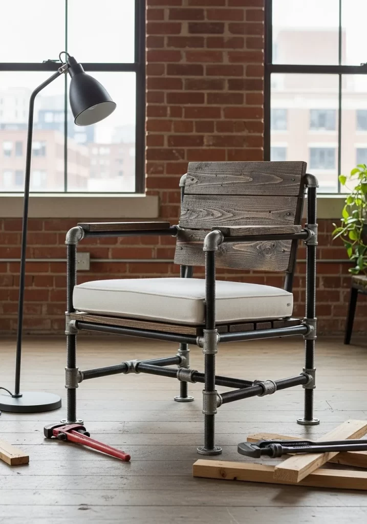 A DIY armchair constructed from galvanized and black metal piping and fittings, with wooden slats for the backrest and a white cushion on the seat base.
