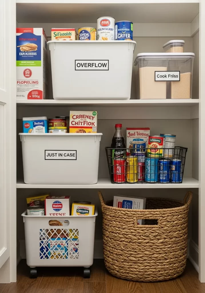 Pantry shelves with large white opaque bins labeled 'OVERFLOW' and 'JUST IN CASE,' plus a rolling bin on the floor.