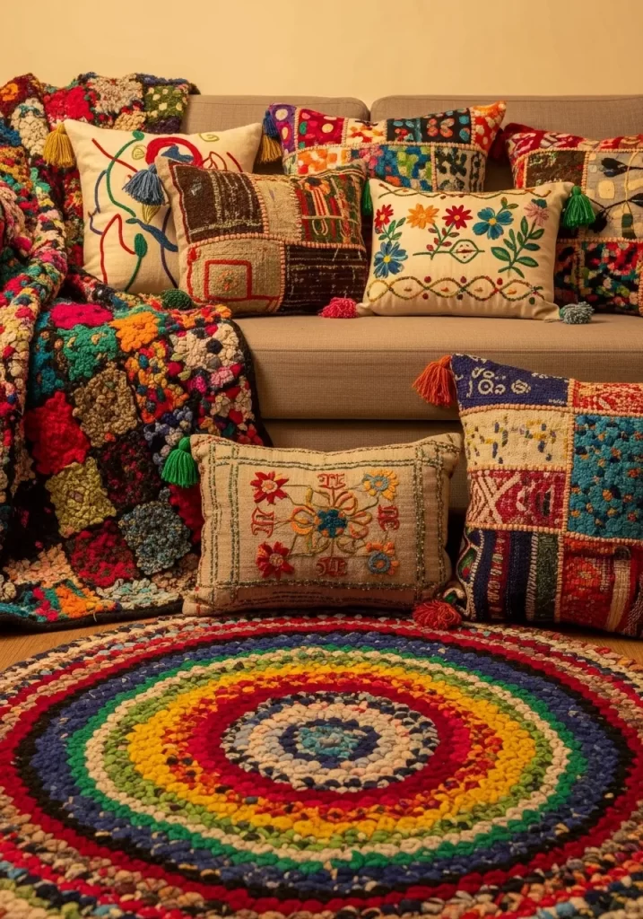 A neutral sofa covered in an eclectic mix of brightly colored, handcrafted, embroidered, and patchwork throw pillows with tassels, near a round braided rug.