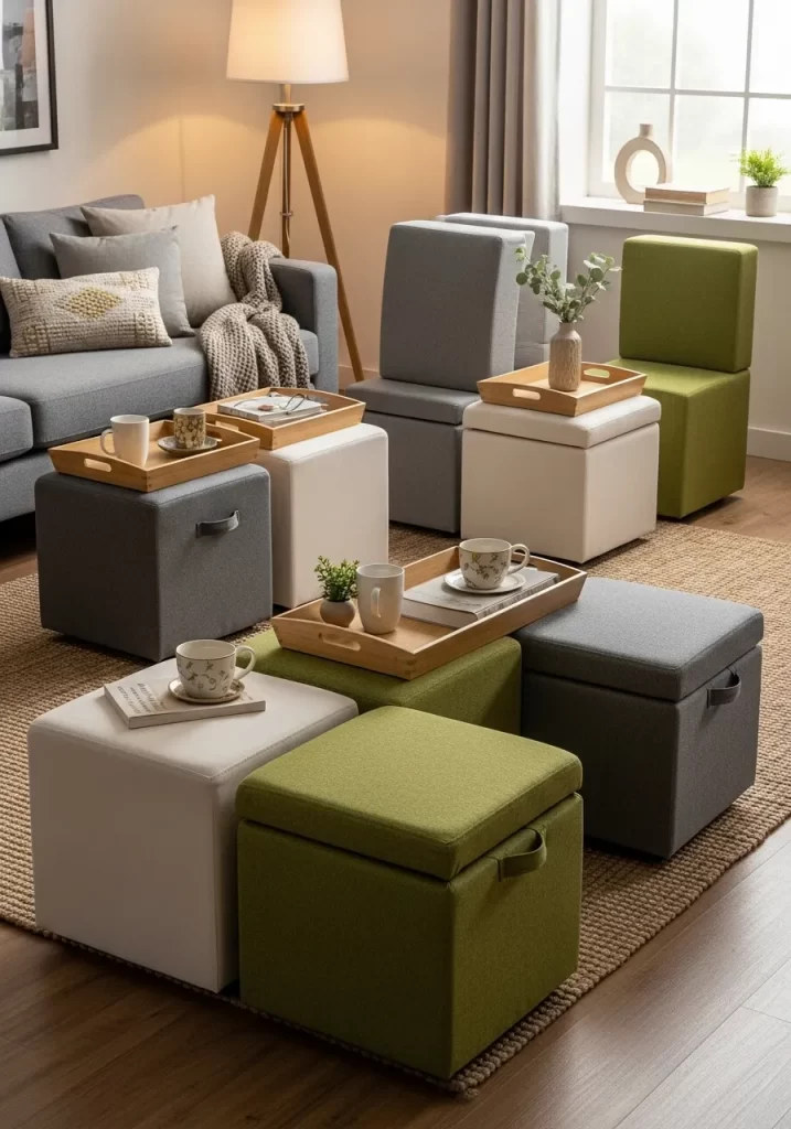 Several upholstered storage cubes in gray, white, and green arranged as seating and low tables, demonstrating flexible and stackable furniture for multipurpose rooms.