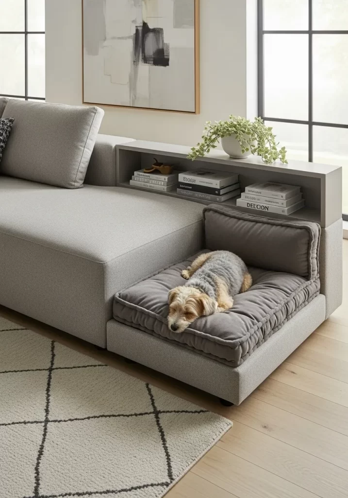 A modern gray modular sofa with a low platform extension featuring a small tufted cushion, creating an integrated sleeping nook for a small dog.