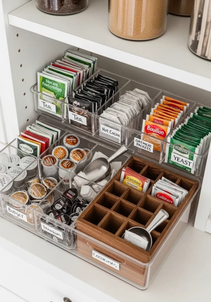 Clear, shallow drawer organizers and a wooden sectional tray neatly holding tea bags, K cups, and small sweetener packets.