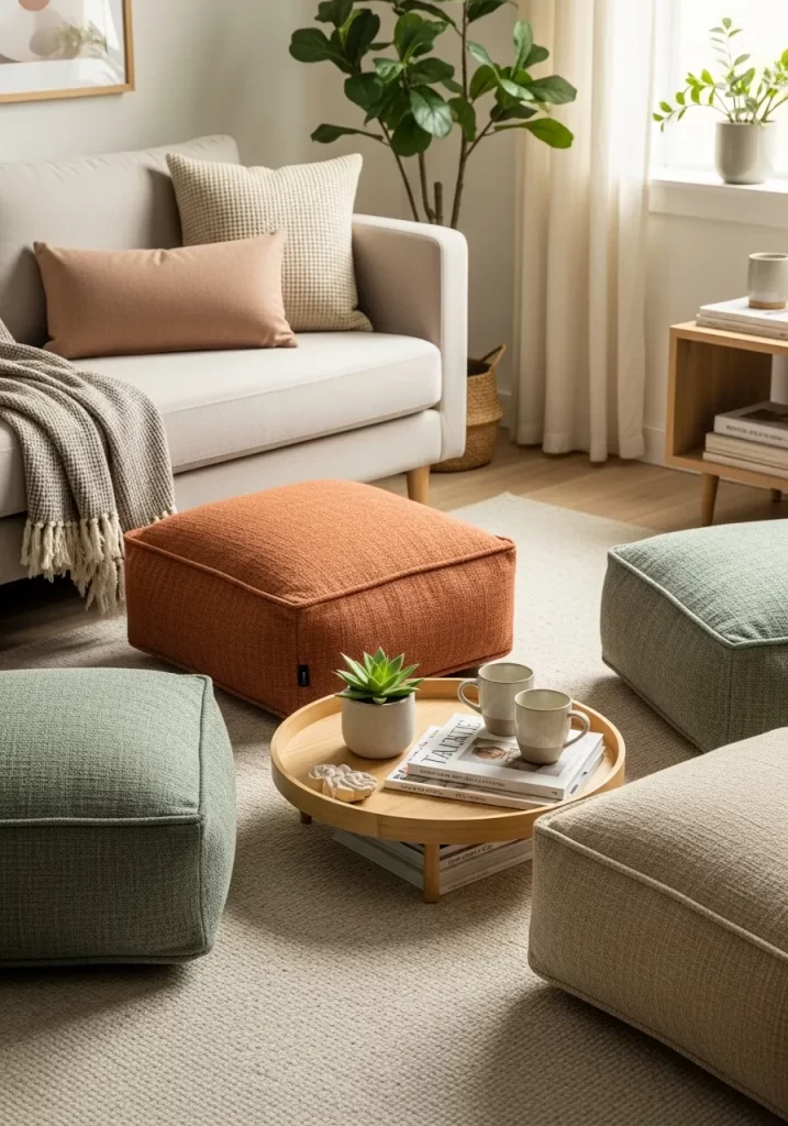 A living room scene showing multiple square, upholstered floor poufs in various earthy colors used for flexible seating around a low table.