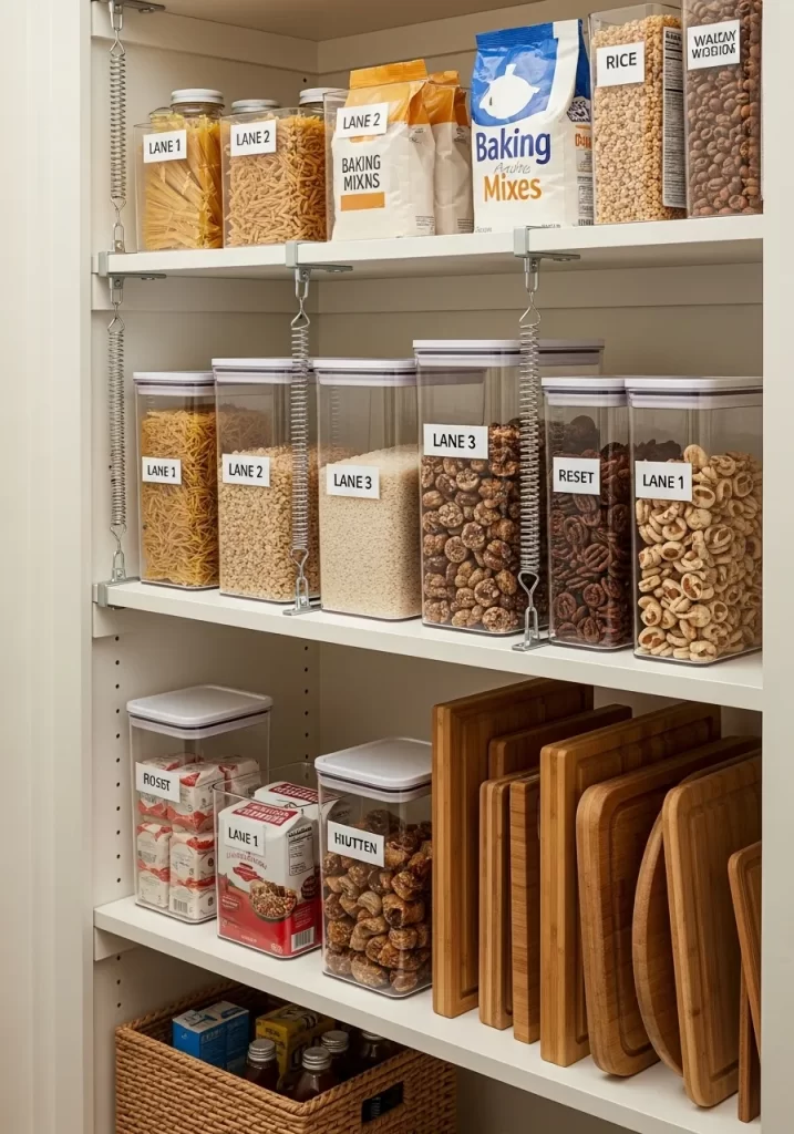 Pantry shelf with clear airtight food containers holding cereal and pasta, with a floating wire shelf installed above.