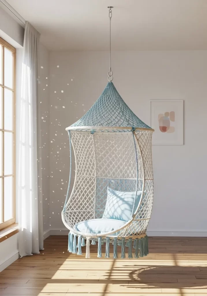 A white and pale blue woven rattan hanging chair with a canopy structure, suspended from the ceiling in a bright, minimalist room.
