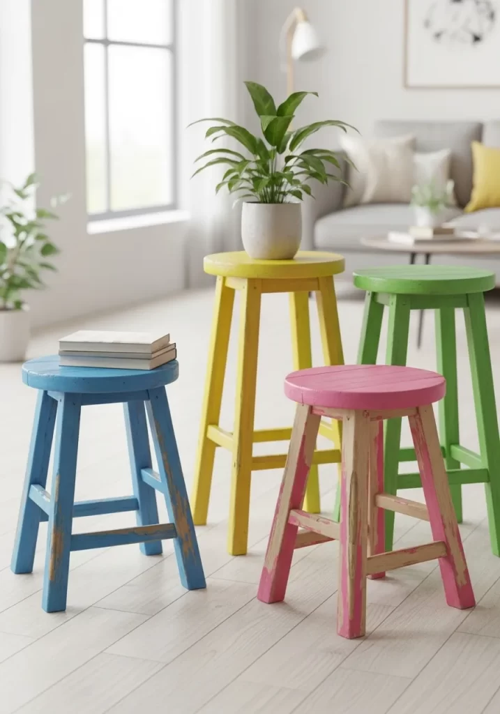 A group of simple wooden stools painted in bright, distressed colors (blue, yellow, pink, green) used as movable side tables and accent seating.
