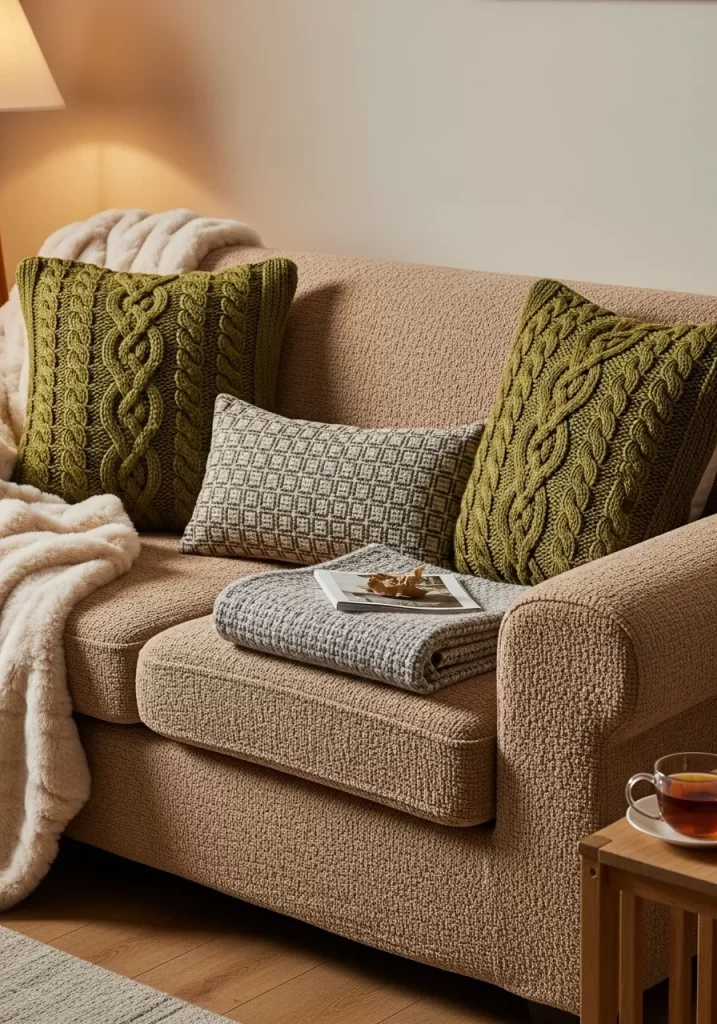A light brown textured sofa accented with large, deep olive green cable knit cushions and a patterned lumbar pillow, creating a very cozy look.