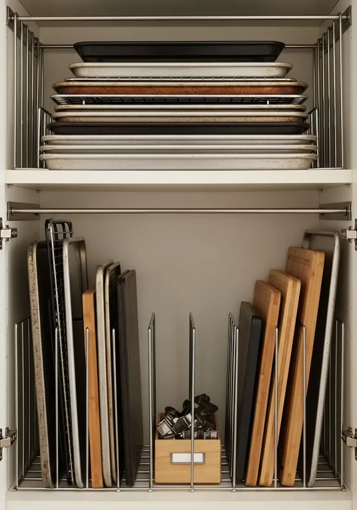 Deep cabinet with vertical metal dividers holding baking sheets and cutting boards on their side, with a small bin for cookie cutters.