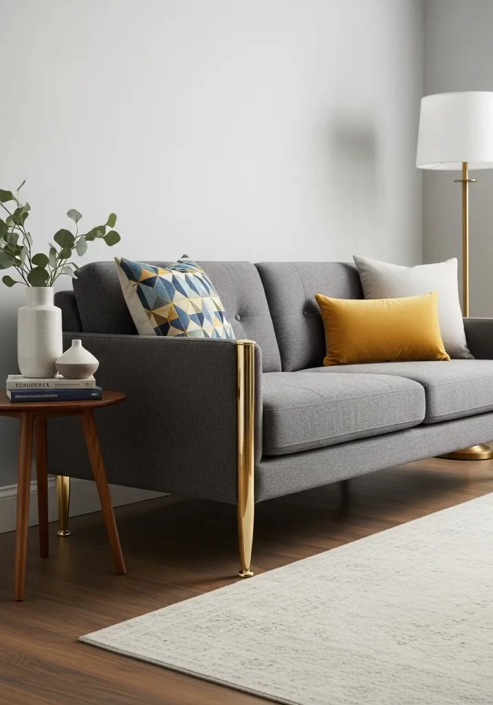 A close-up of a gray sofa with sleek lines and new, shiny gold-toned tapered legs, illustrating an easy furniture hardware upgrade.
