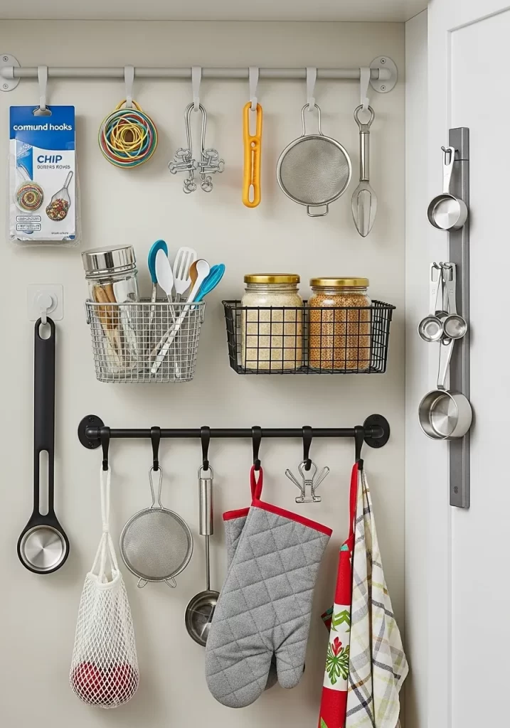Pantry wall with horizontal metal rods and hooks used to hang strainers, ladles, oven mitts, and small wire baskets.