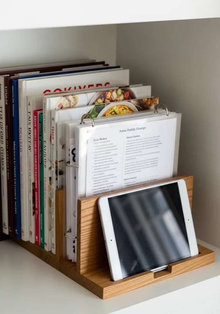 Wooden standing rack holding cookbooks and clear recipe binders upright, with a tablet resting in the front groove.
