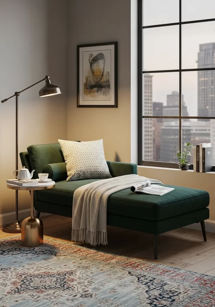 A rich emerald green velvet chaise lounge positioned by a large window, creating a luxurious reading spot, accessorized with a light throw and brass side table.