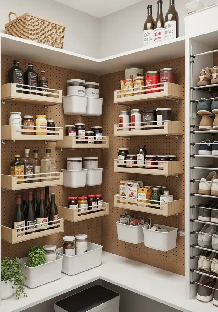 Pantry corner completely covered in pegboard with small wooden shelves and white plastic bins organizing jars, spices, and supplies.