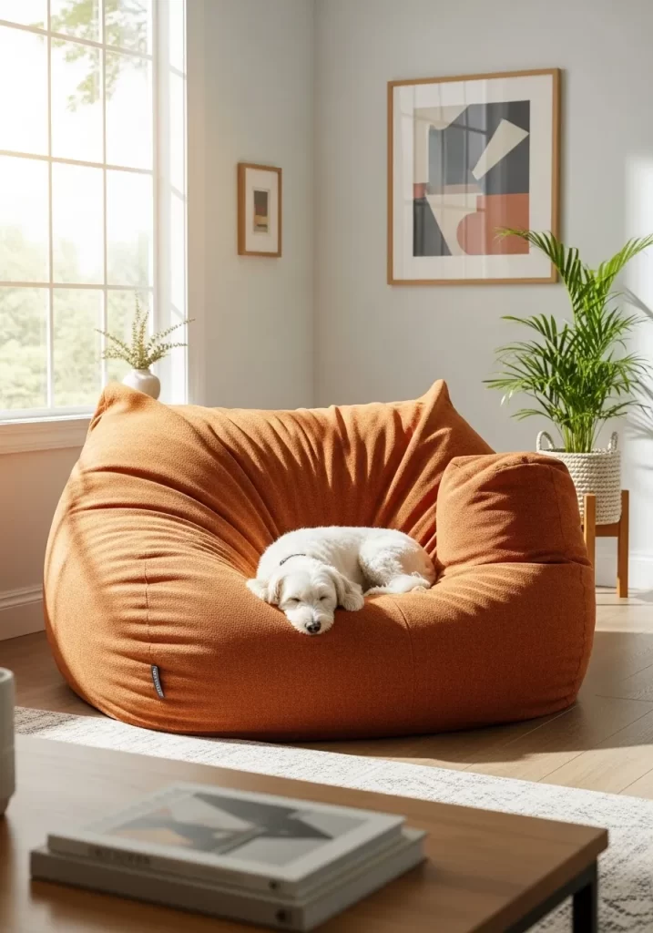 A large, comfortable textured orange bean bag chair shaped like a lounger, placed near a bright window, with a small white dog resting on it.
