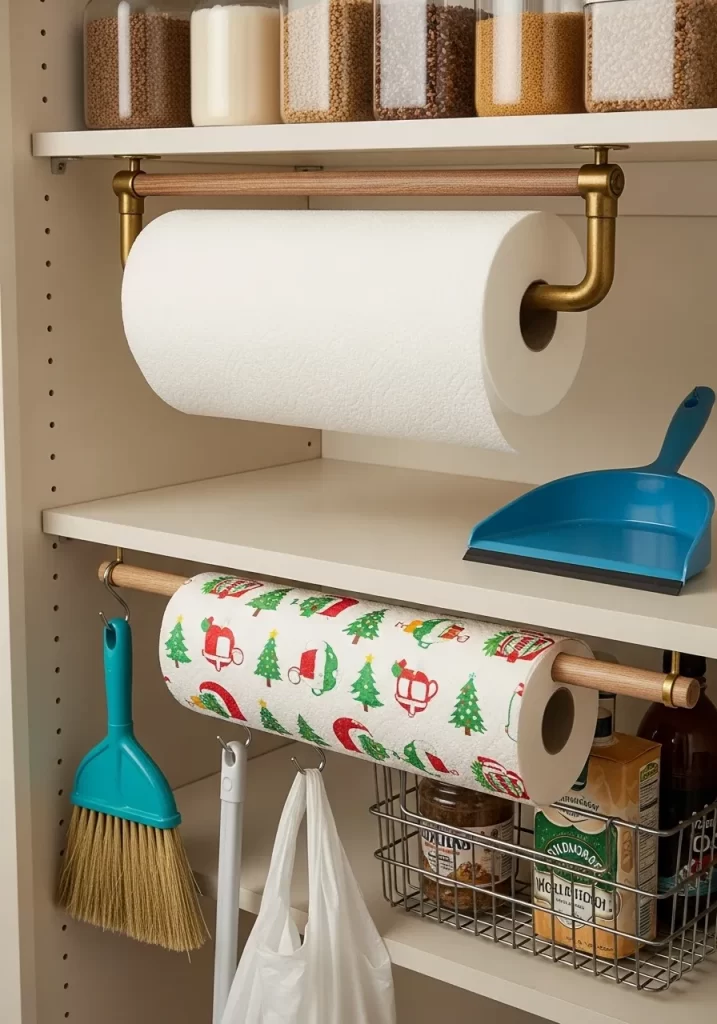 Two pantry shelves with metal and wood rods mounted underneath, holding rolls of paper towels and featuring hooks for a dustpan and broom.