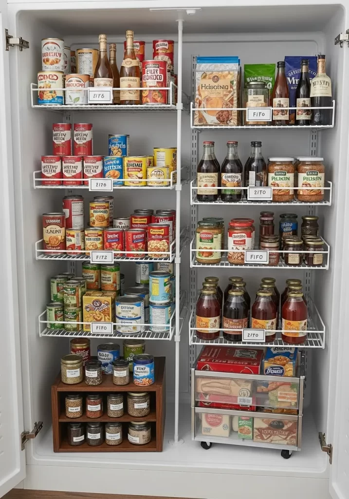 White interior of a freezer or pantry organized with shallow wire shelves of cans and jars, and a clear rolling pullout drawer at the bottom.