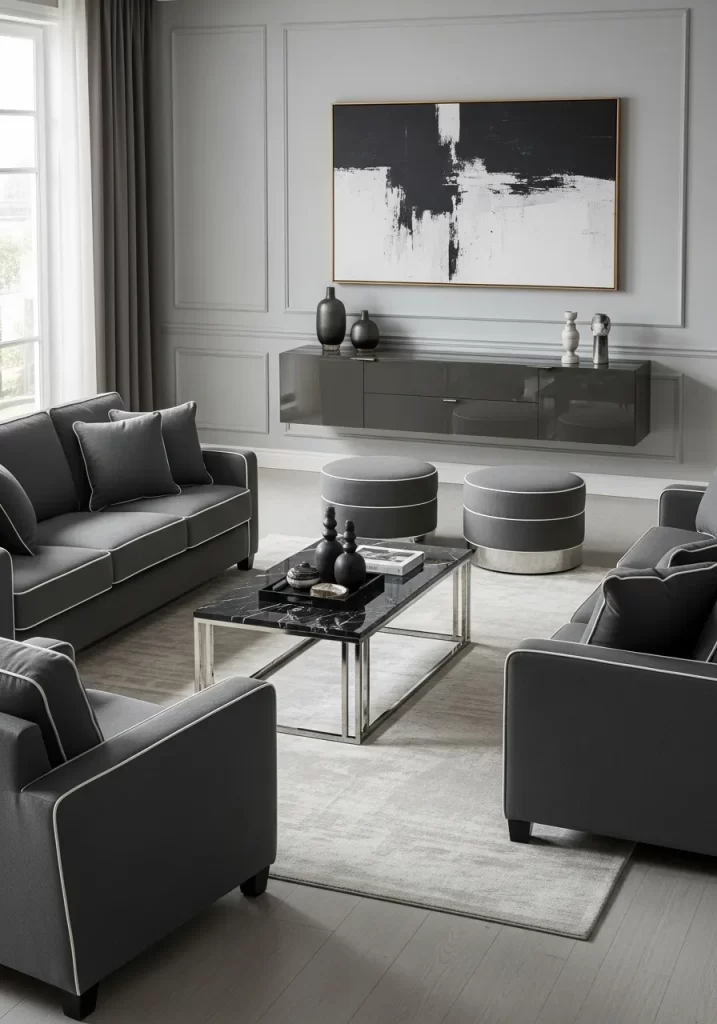 A formal living room set featuring dark gray sofas and ottomans defined by stark white contrast piping along all edges and seams.
