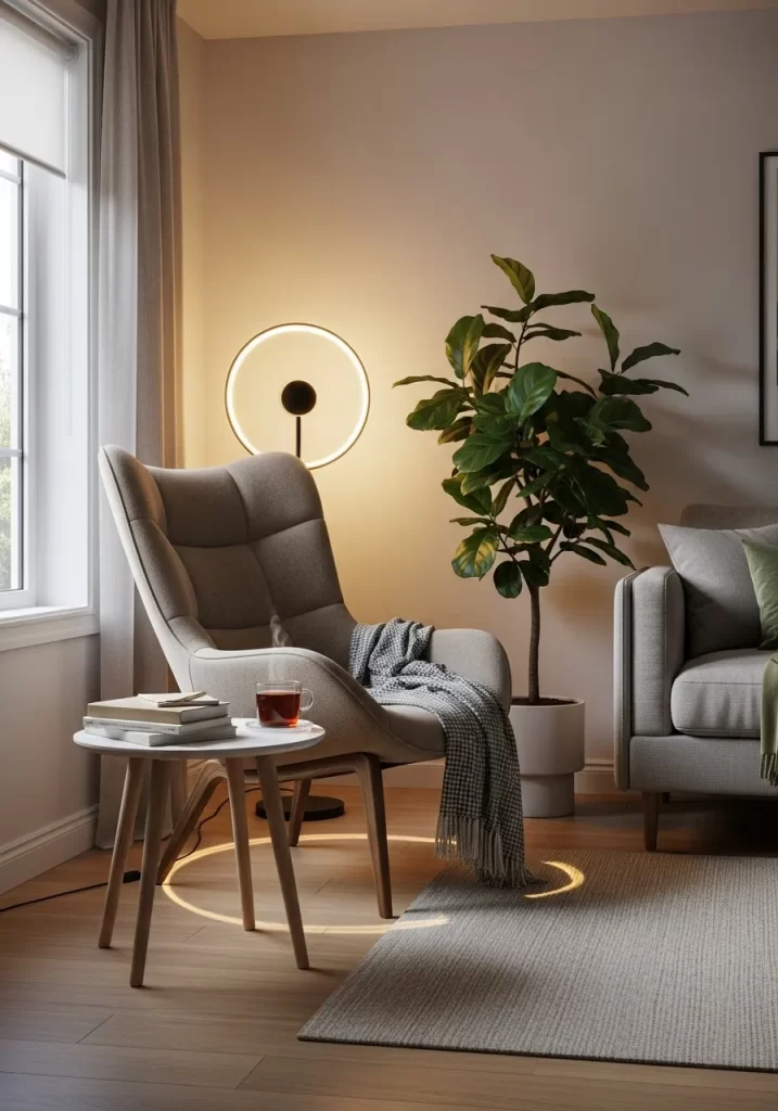 A modern, light beige upholstered reading chair with button tufting, illuminated by a contemporary circular wall sconce, beside a small side table.