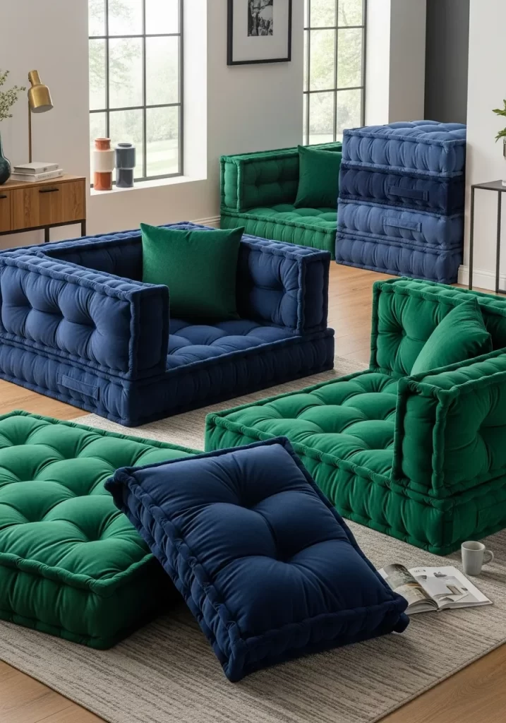 Modular floor seating created by stacking deeply tufted velvet cushions in royal blue and emerald green to form low chairs and a lounging area.