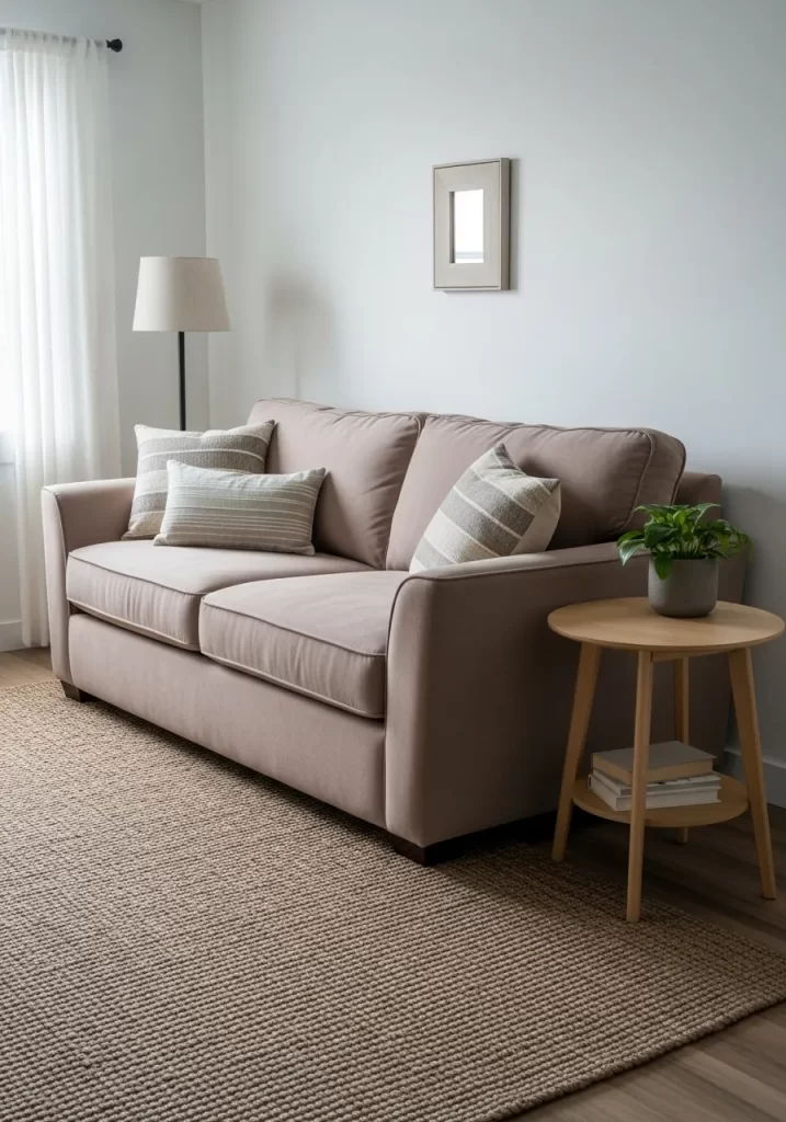 A simple, light mauve-colored sofa with subtle upholstery piping along the edges of the cushions and arms, paired with a natural jute rug.