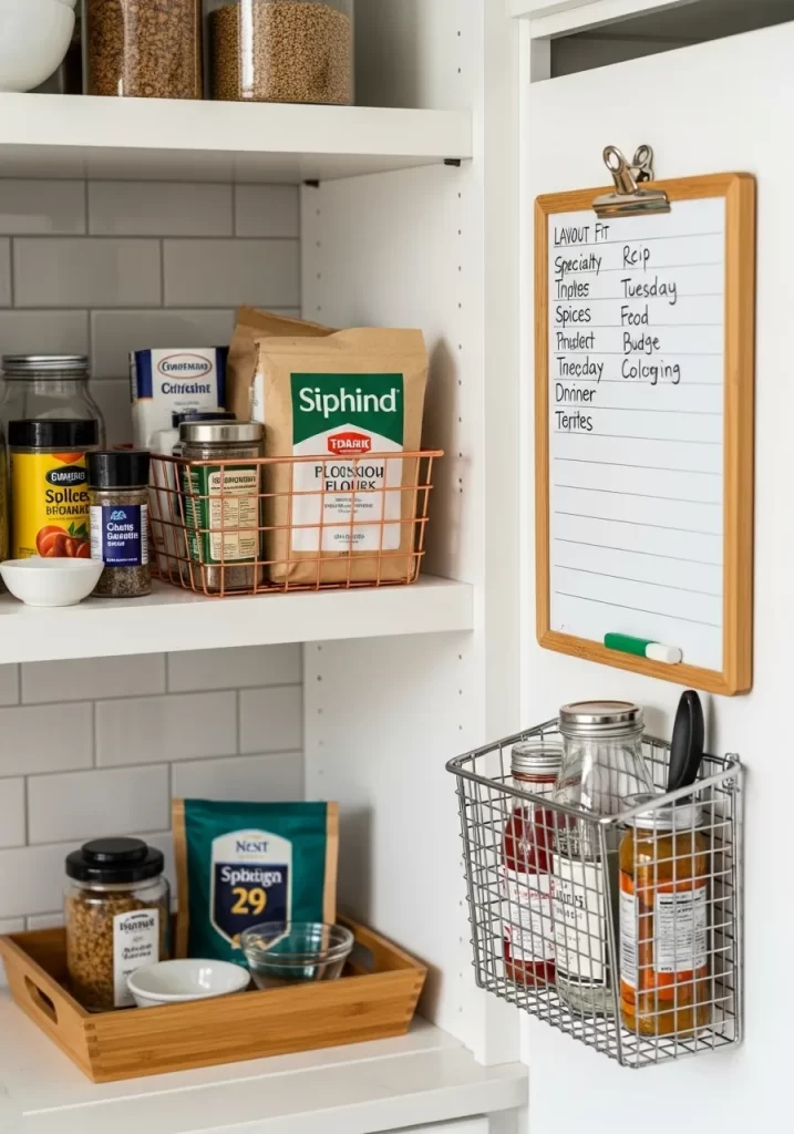 Kitchen wall with a hanging dry erase clipboard and a wire basket holding sauces and jars.