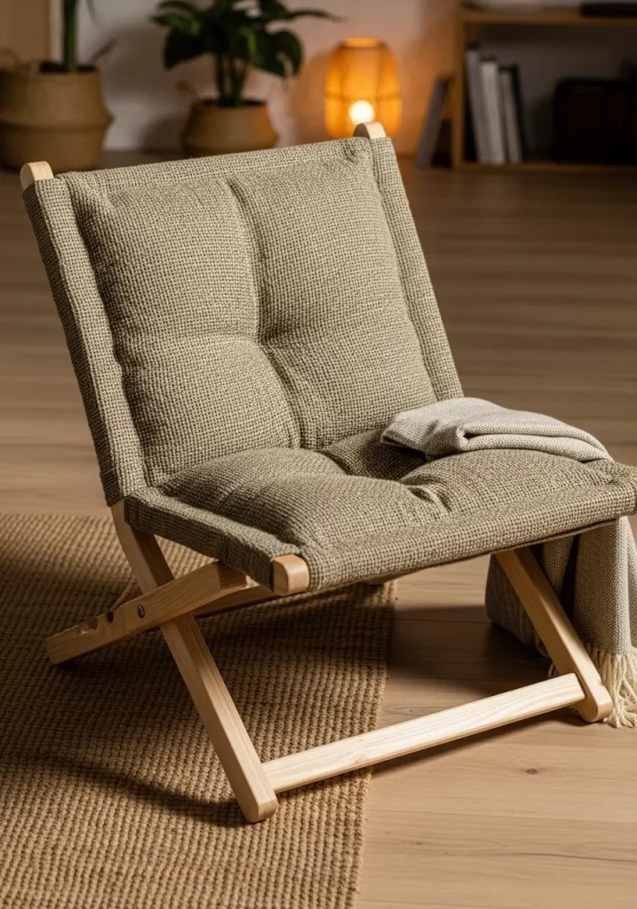 A light wooden folding safari chair with a thick, tufted green and beige canvas cushion, set on a jute rug in a cozy corner.