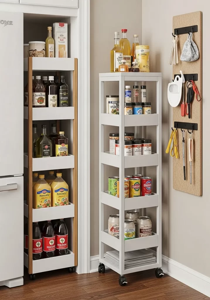Narrow, multi tiered white rolling storage cart positioned between a cabinet and a refrigerator, filled with bottles of oil and sauce.