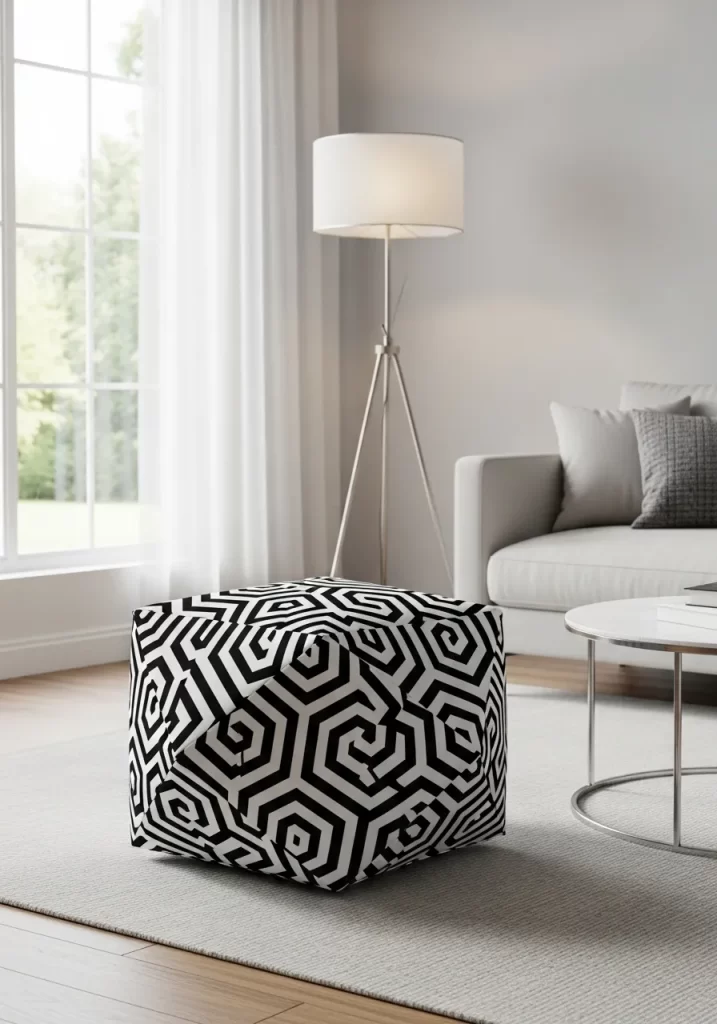 A cube ottoman upholstered in a striking black and white geometric spiral pattern, acting as a dramatic focal point in a light, neutral living room.
