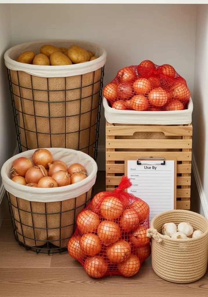 Pantry floor with wire hampers and wooden crates lined with cloth, used for storing potatoes and onions.
