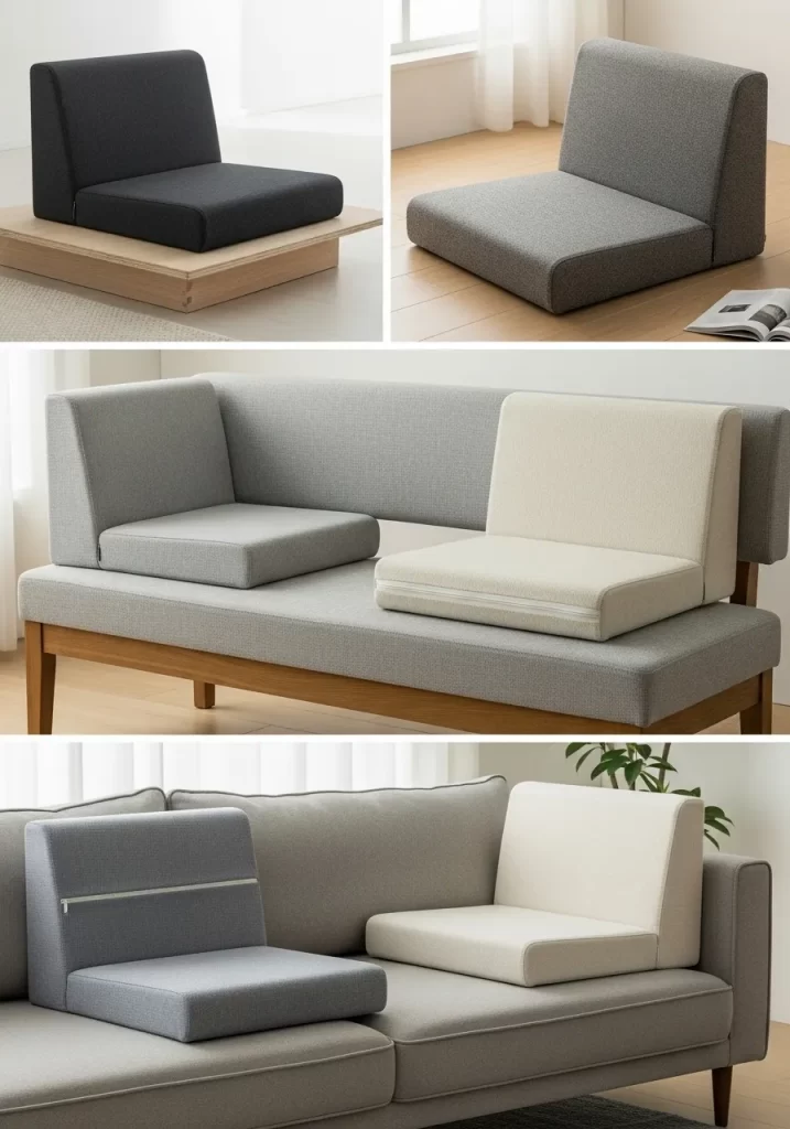 Modular seating cushions in neutral colors shown with adjustable backrests, demonstrating their use as floor seating or as additional sofa back support.