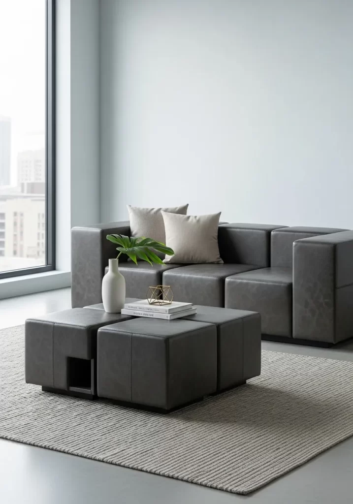 A gray leatherette modular sofa paired with a coffee table made up of four matching square ottoman blocks, showing multi-functional furniture design.