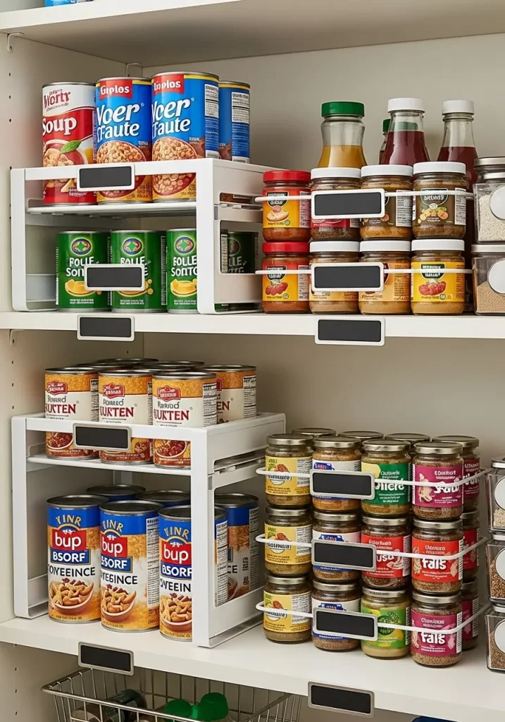 Pantry shelf with white stackable metal shelf risers holding two layers of labeled cans and jars.