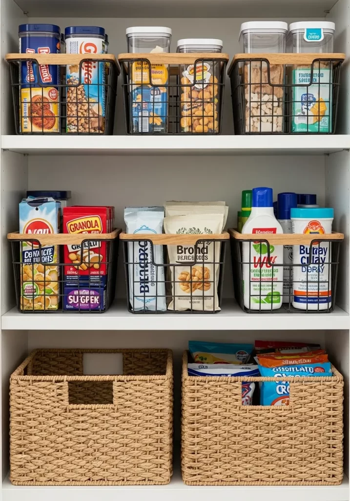 Pantry shelves with black metal wire baskets with wooden lids holding snacks and packaged goods, complemented by large woven baskets below.
