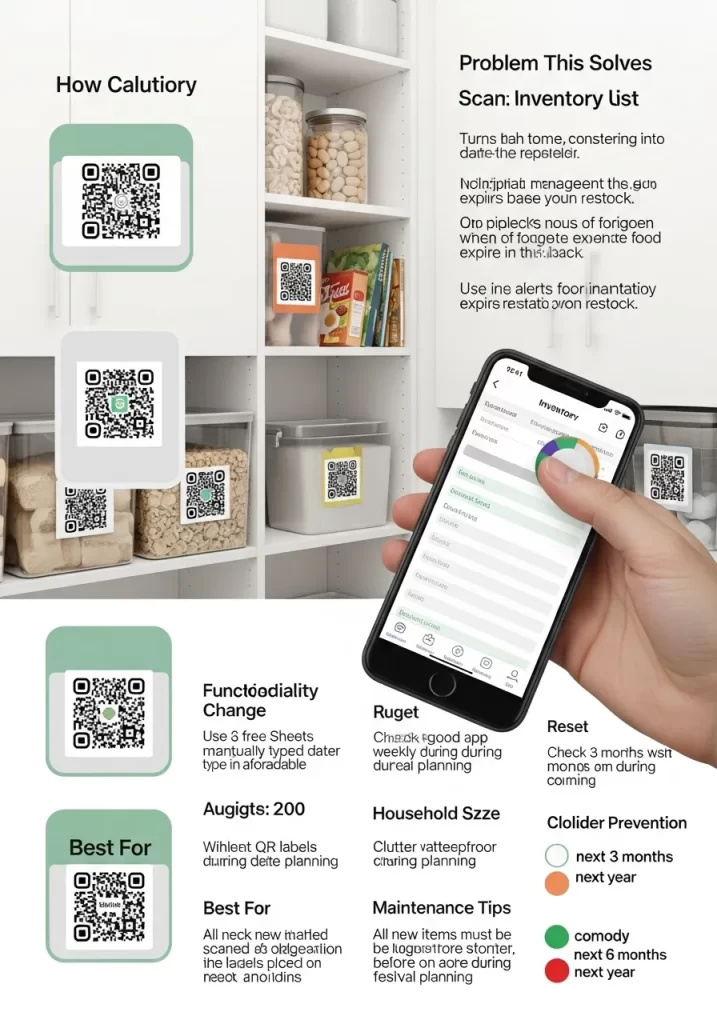 Smartphone displaying a digital inventory app interface with clear containers in the background featuring QR code labels.

