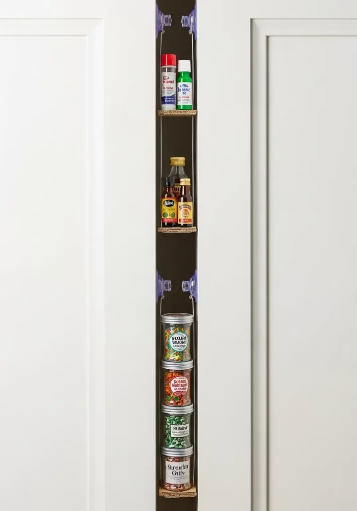 Narrow, multi tiered spice rack mounted on the inside of a white cabinet door using suction cups, holding small spice jars and extracts.
